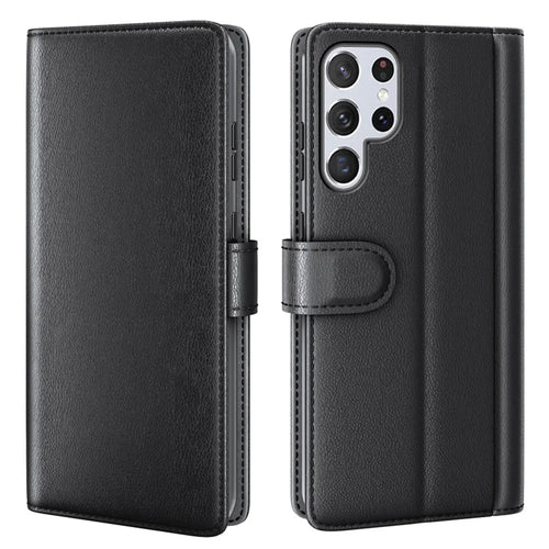Overall Wrapped Genuine Split Leather Phone Case Stand TPU Wallet Flip Cover for Samsung Galaxy S22 Ultra 5G - Black - 1