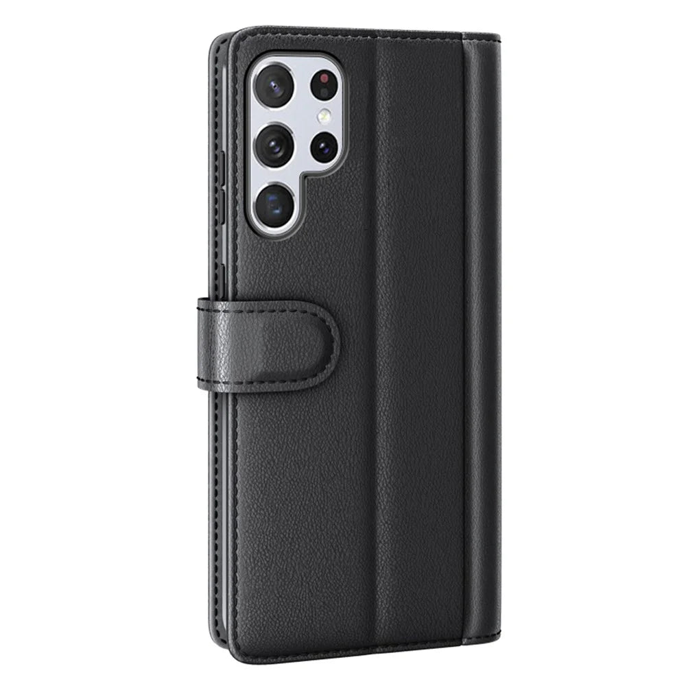 Overall Wrapped Genuine Split Leather Phone Case Stand TPU Wallet Flip Cover for Samsung Galaxy S22 Ultra 5G - Black - 3