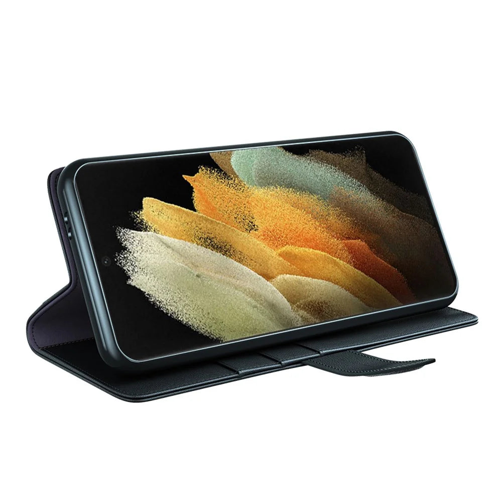 Overall Wrapped Genuine Split Leather Phone Case Stand TPU Wallet Flip Cover for Samsung Galaxy S22 Ultra 5G - Black - 5