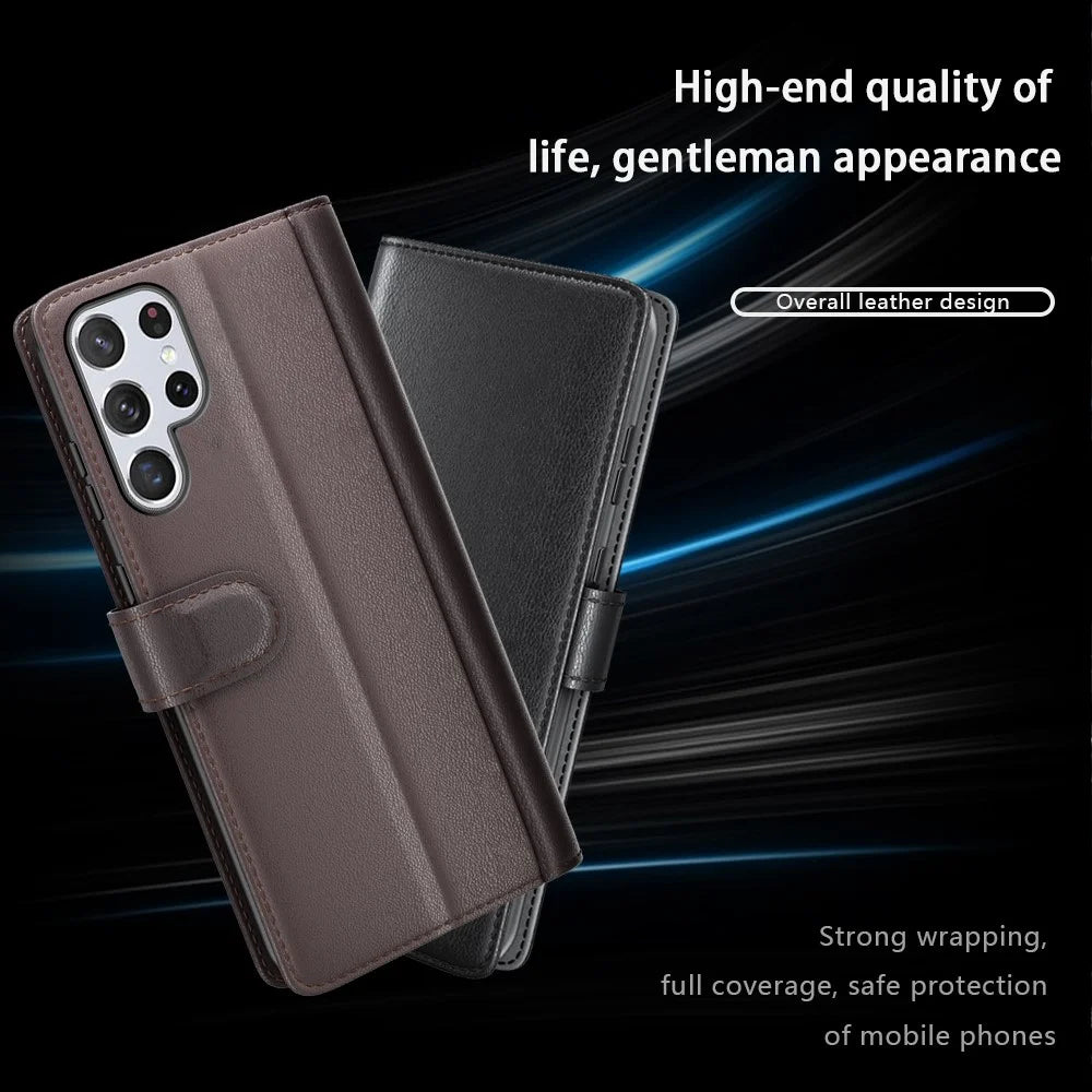Overall Wrapped Genuine Split Leather Phone Case Stand TPU Wallet Flip Cover for Samsung Galaxy S22 Ultra 5G - Black - 6