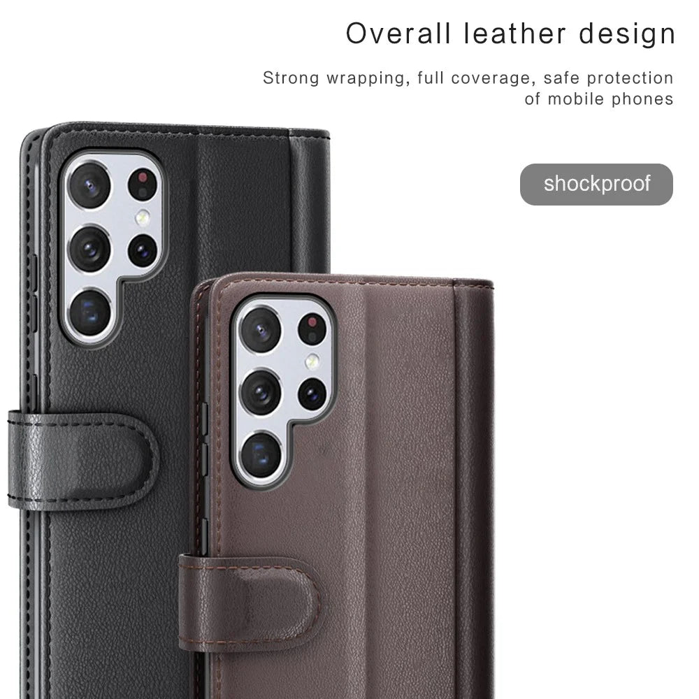Overall Wrapped Genuine Split Leather Phone Case Stand TPU Wallet Flip Cover for Samsung Galaxy S22 Ultra 5G - Black - 7