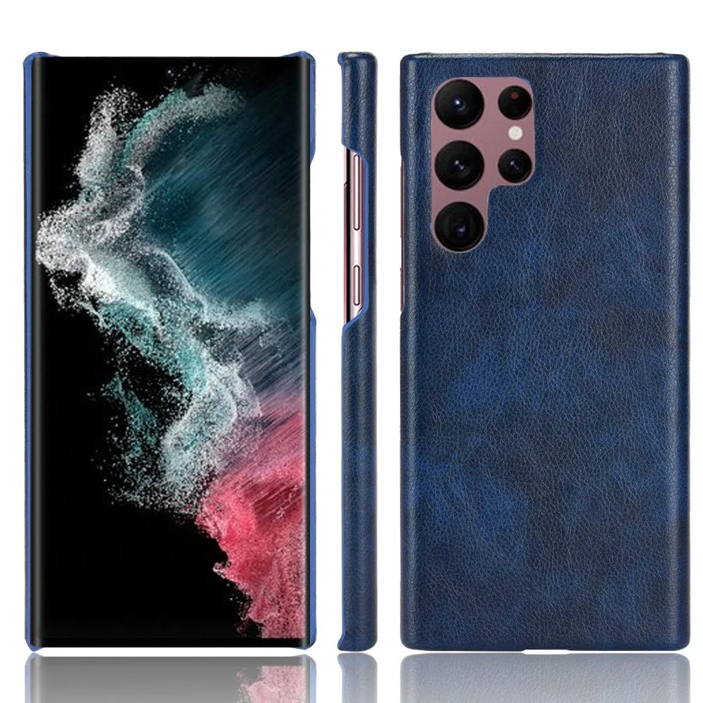 For Samsung Galaxy S22 Ultra 5G Litchi Texture PU Leather Coated Hard PC Phone Case Protective Cover - Blue - 1