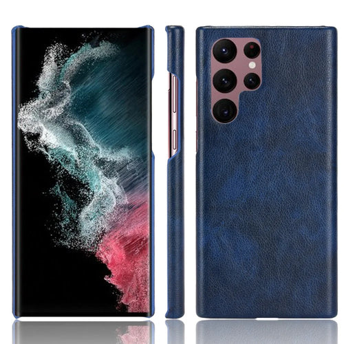 For Samsung Galaxy S22 Ultra 5G Litchi Texture PU Leather Coated Hard PC Phone Case Protective Cover - Blue - 1