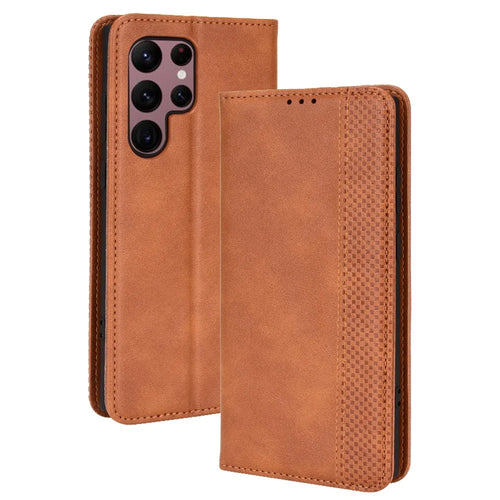 Retro Style Imprinted Leather Cover + TPU Inner Case Wallet Stand Phone Cover Cellphone Shell for Samsung Galaxy S22 Ultra 5G - Brown - 1