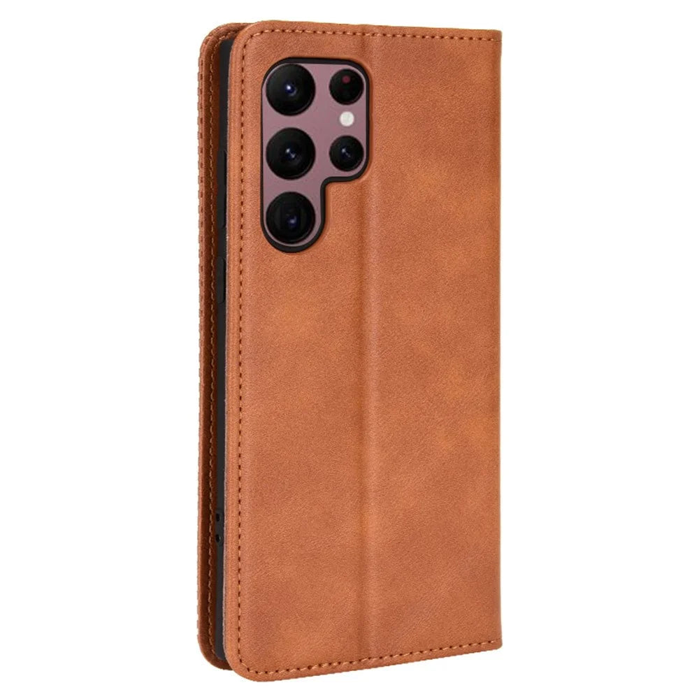 Retro Style Imprinted Leather Cover + TPU Inner Case Wallet Stand Phone Cover Cellphone Shell for Samsung Galaxy S22 Ultra 5G - Brown - 3