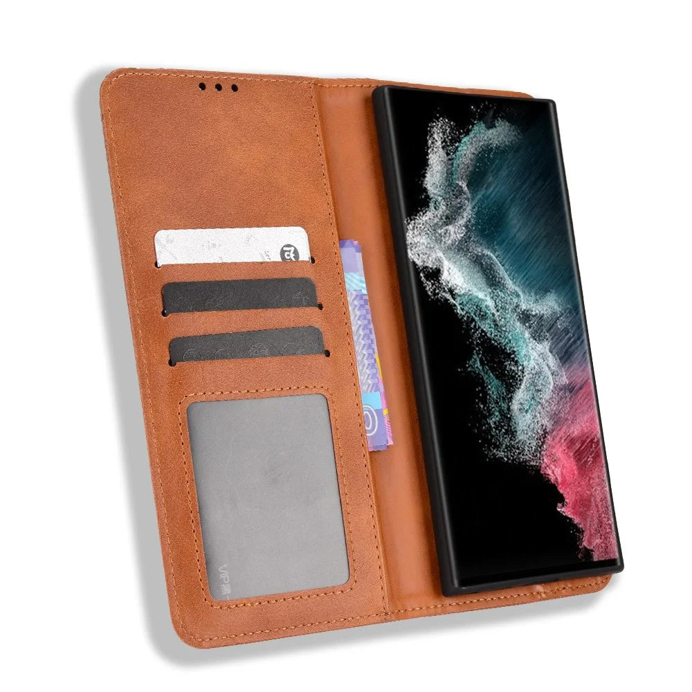 Retro Style Imprinted Leather Cover + TPU Inner Case Wallet Stand Phone Cover Cellphone Shell for Samsung Galaxy S22 Ultra 5G - Brown - 4