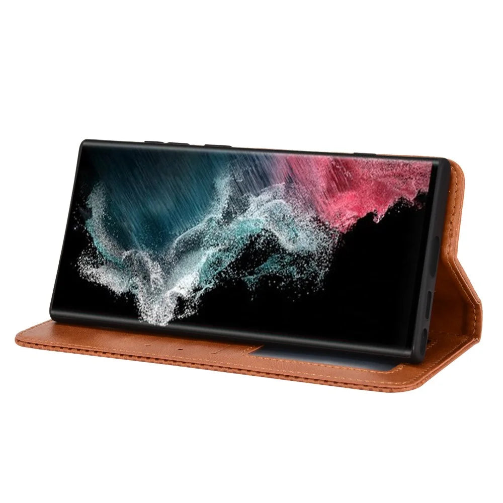 Retro Style Imprinted Leather Cover + TPU Inner Case Wallet Stand Phone Cover Cellphone Shell for Samsung Galaxy S22 Ultra 5G - Brown - 5