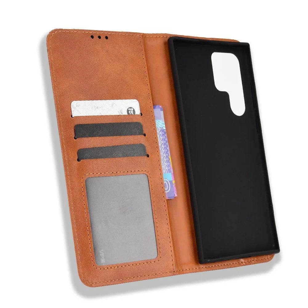 Retro Style Imprinted Leather Cover + TPU Inner Case Wallet Stand Phone Cover Cellphone Shell for Samsung Galaxy S22 Ultra 5G - Brown - 6
