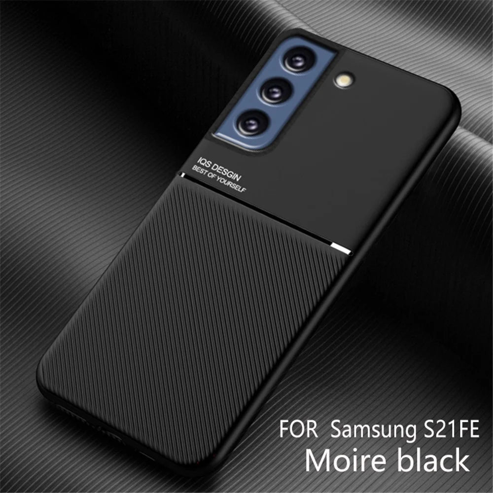 Lines Imprinting PU Leather Ultra Thin Shockproof TPU Back Protective Shell Cover with Built-in Magnetic Metal Sheet for Samsung Galaxy S21 FE 5G / S21 Fan Edition - Black - 6