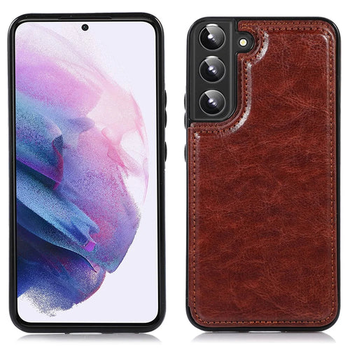 Crazy Horse Texture PU Leather Coated TPU Phone Case Kickstand Double Magnetic Clasp Back Shell with Card Slots for Samsung Galaxy S22 5G - Brown - 1