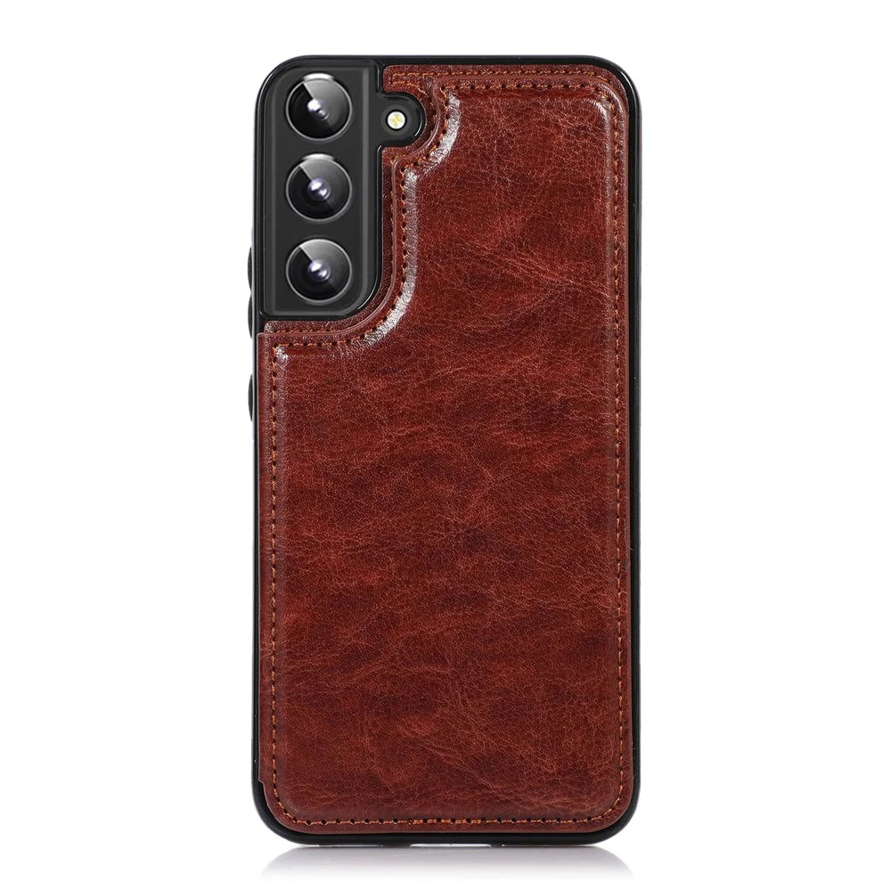 Crazy Horse Texture PU Leather Coated TPU Phone Case Kickstand Double Magnetic Clasp Back Shell with Card Slots for Samsung Galaxy S22 5G - Brown - 2