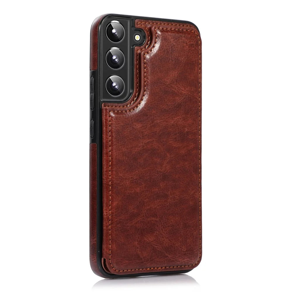 Crazy Horse Texture PU Leather Coated TPU Phone Case Kickstand Double Magnetic Clasp Back Shell with Card Slots for Samsung Galaxy S22 5G - Brown - 3
