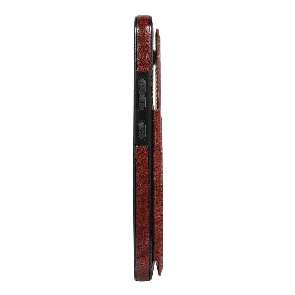 Crazy Horse Texture PU Leather Coated TPU Phone Case Kickstand Double Magnetic Clasp Back Shell with Card Slots for Samsung Galaxy S22 5G - Brown - 5