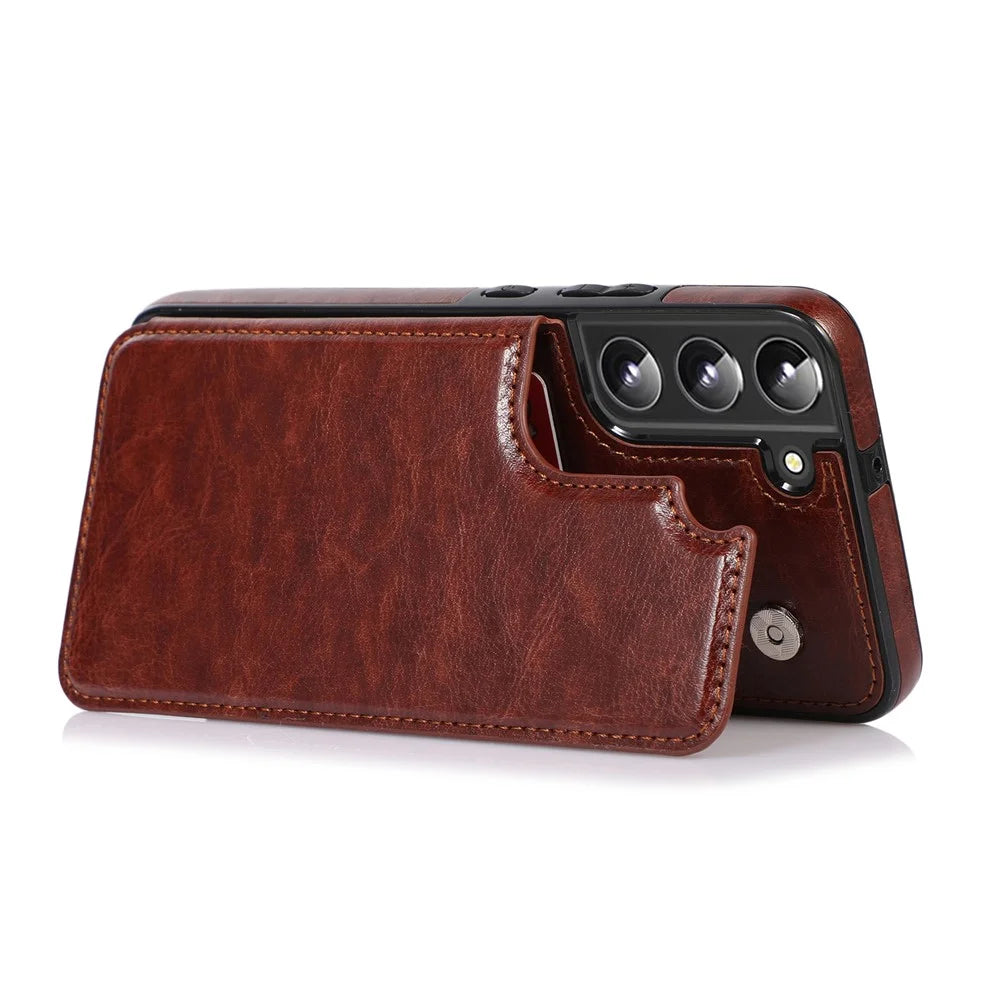 Crazy Horse Texture PU Leather Coated TPU Phone Case Kickstand Double Magnetic Clasp Back Shell with Card Slots for Samsung Galaxy S22 5G - Brown - 6