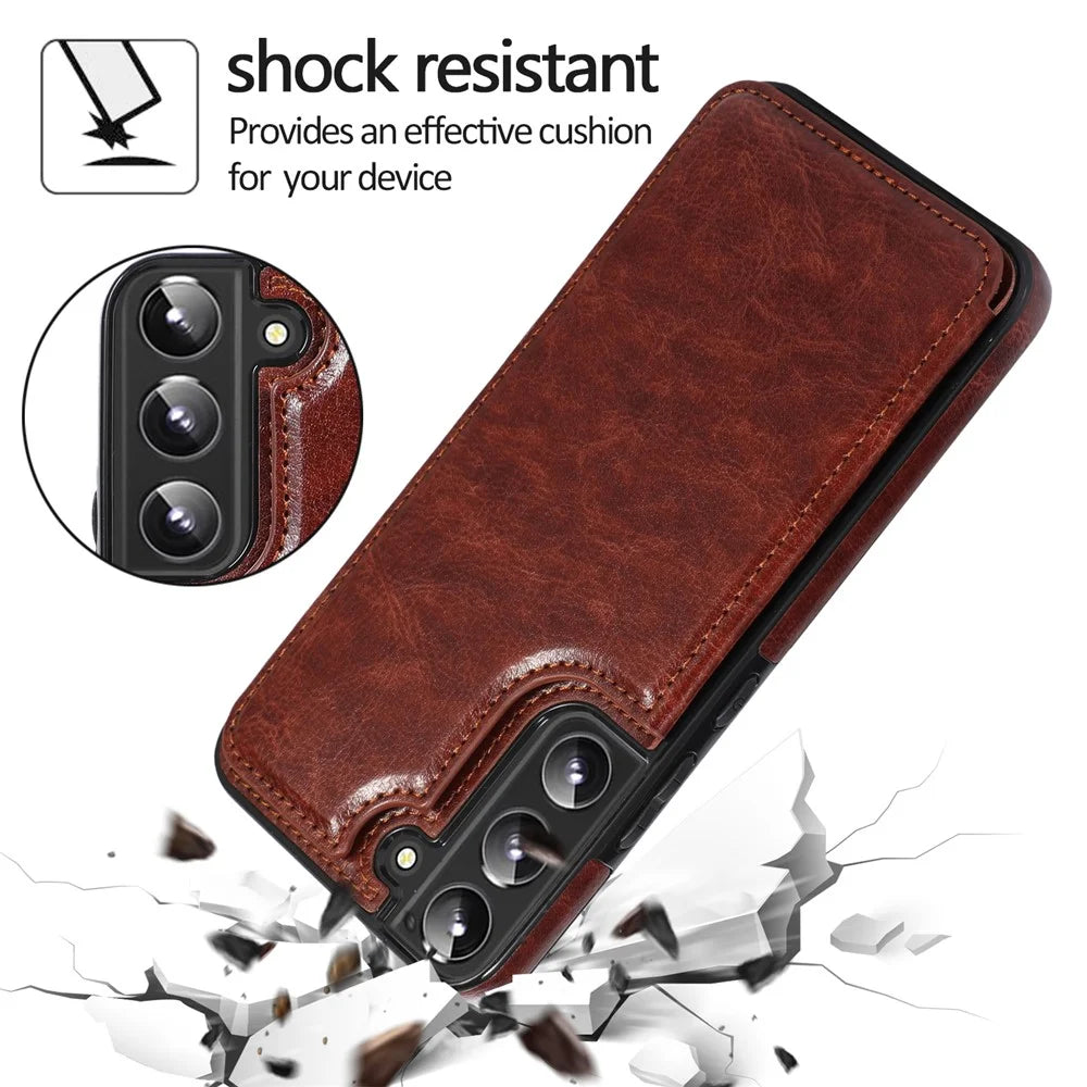 Crazy Horse Texture PU Leather Coated TPU Phone Case Kickstand Double Magnetic Clasp Back Shell with Card Slots for Samsung Galaxy S22 5G - Brown - 7