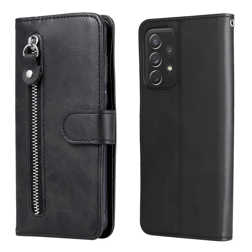 Zippered Pocket Design PU Leather Phone Case Coin Holder Wallet Stand Folding Case for Samsung Galaxy A73 5G - Black - 1