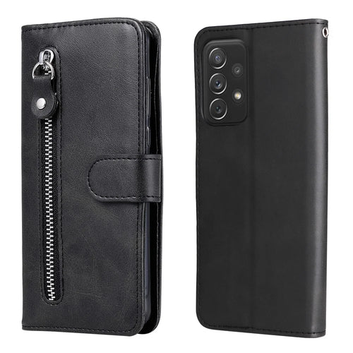 Zippered Pocket Design PU Leather Phone Case Coin Holder Wallet Stand Folding Case for Samsung Galaxy A73 5G - Black - 1