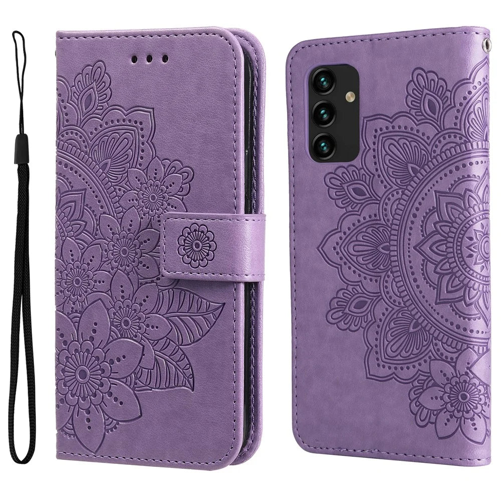 Wallet Stand Phone Cover Mandala Flower Imprinted Folio Flip Protective Leather Case for Samsung Galaxy A13 4G - Purple - 1