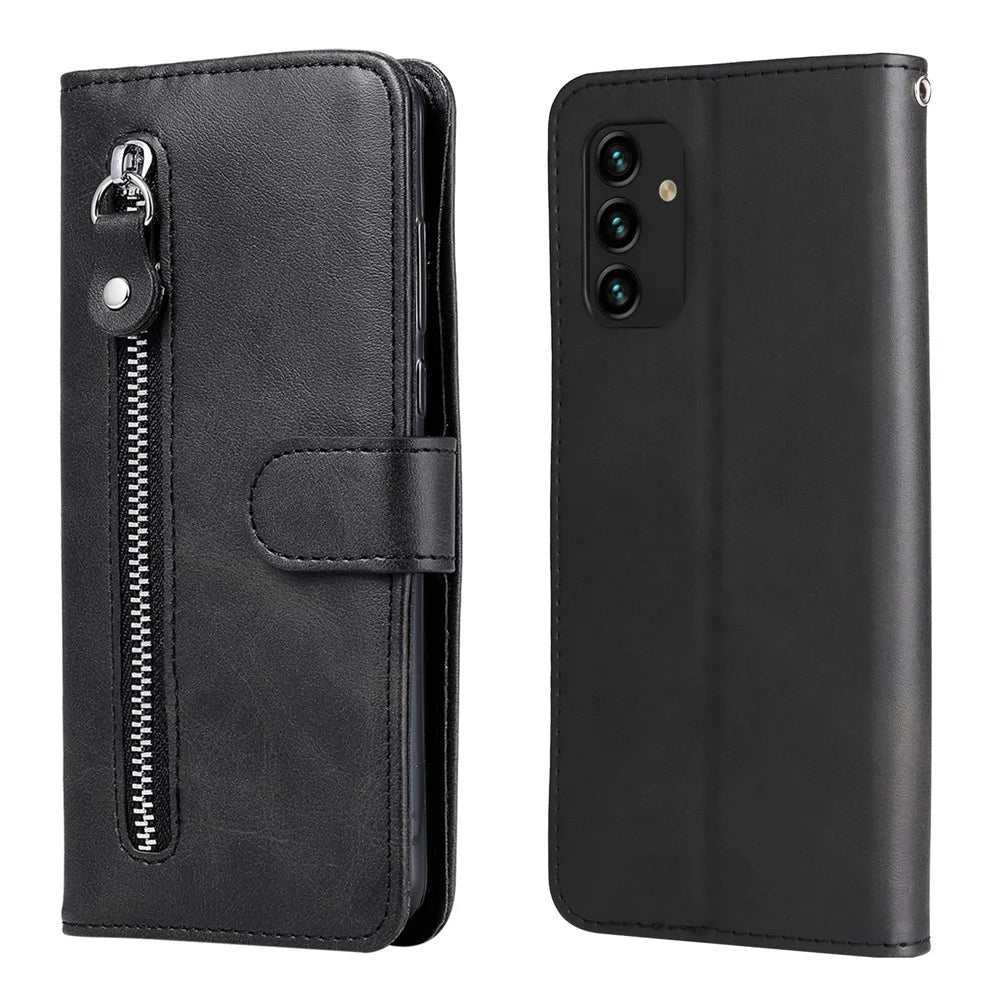 Outer Zipper Pocket PU Leather Phone Case Folio Flip Wallet Stand Full Protection Cover for Samsung Galaxy A13 4G - Black - 1