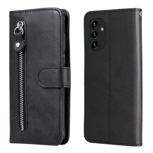 Outer Zipper Pocket PU Leather Phone Case Folio Flip Wallet Stand Full Protection Cover for Samsung Galaxy A13 4G - Black - 1
