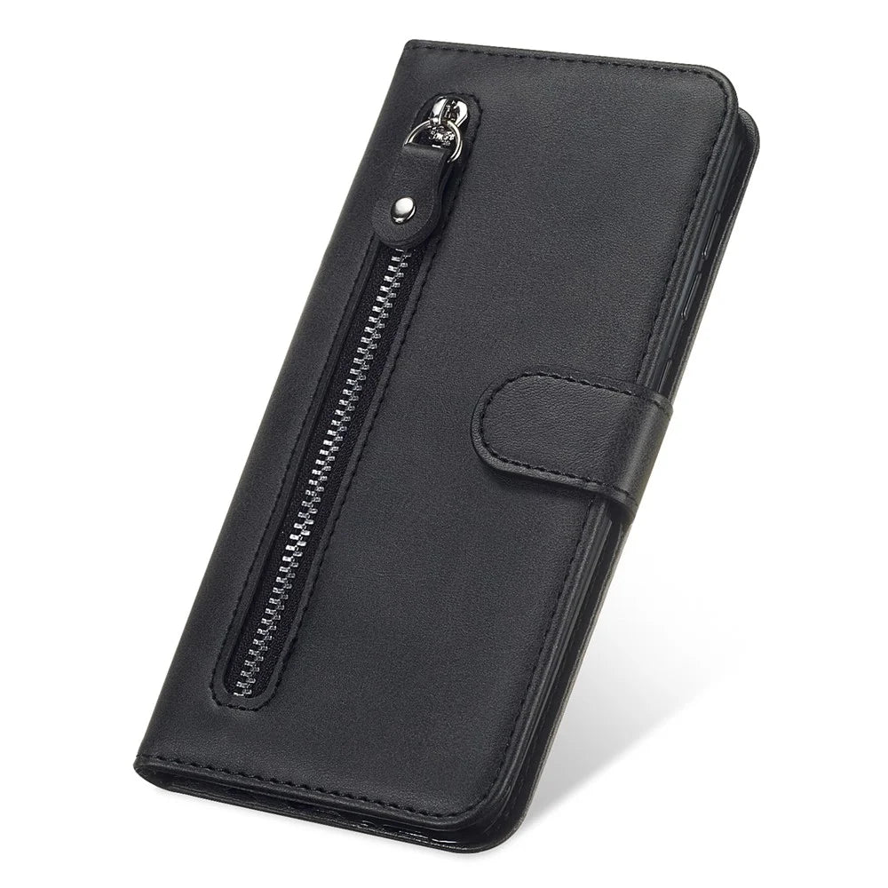 Outer Zipper Pocket PU Leather Phone Case Folio Flip Wallet Stand Full Protection Cover for Samsung Galaxy A13 4G - Black - 6