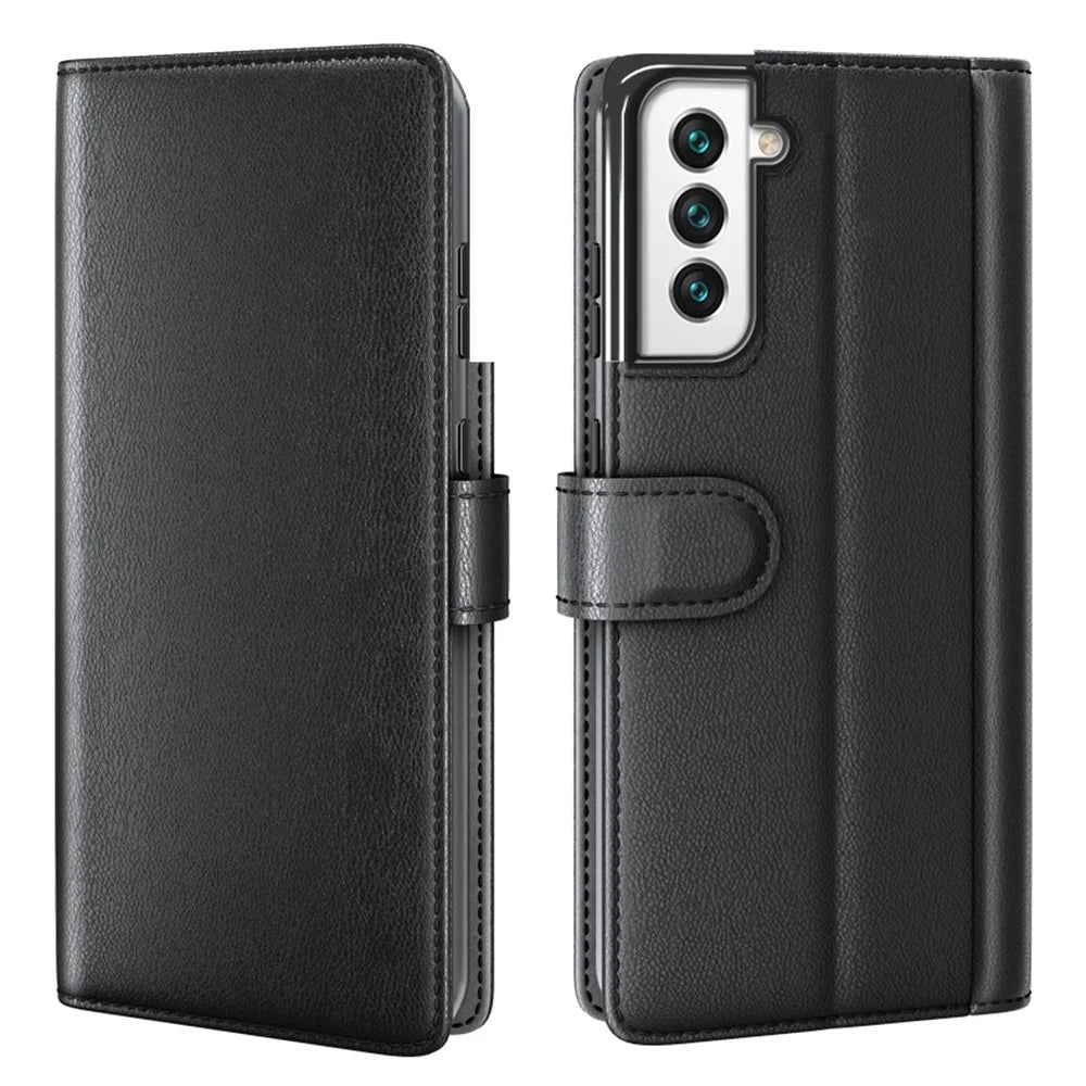Magnetic Closure Genuine Split Leather Phone Case Stand TPU Wallet Flip Cover for Samsung Galaxy S22 5G - Black - 1