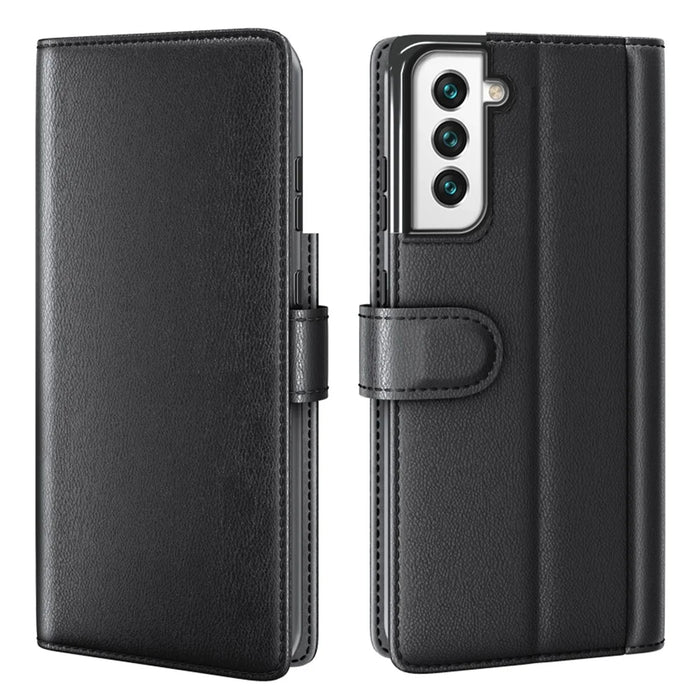 Magnetic Closure Genuine Split Leather Phone Case Stand TPU Wallet Flip Cover for Samsung Galaxy S22 5G - Black - 1