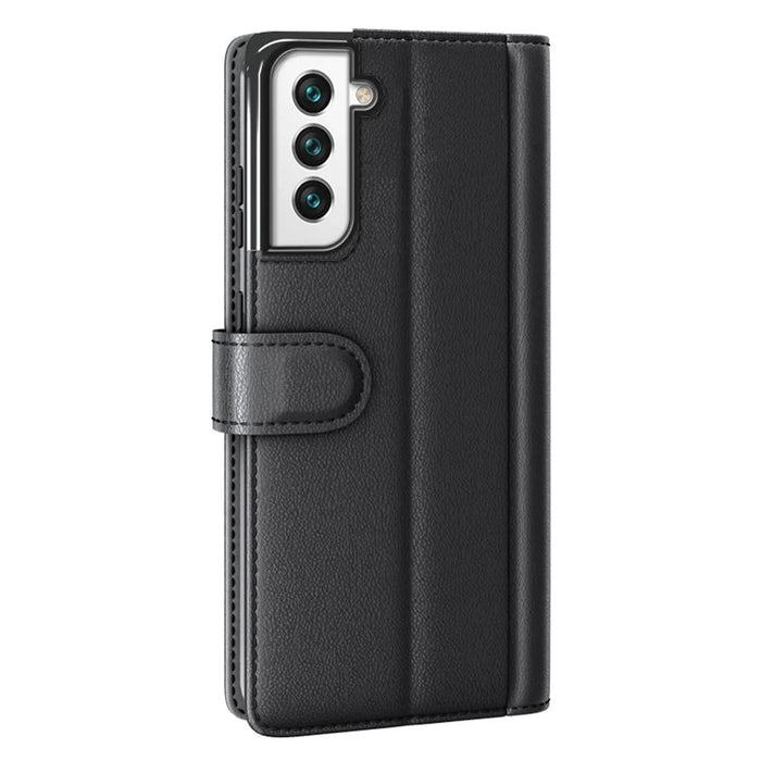 Magnetic Closure Genuine Split Leather Phone Case Stand TPU Wallet Flip Cover for Samsung Galaxy S22 5G - Black - 3