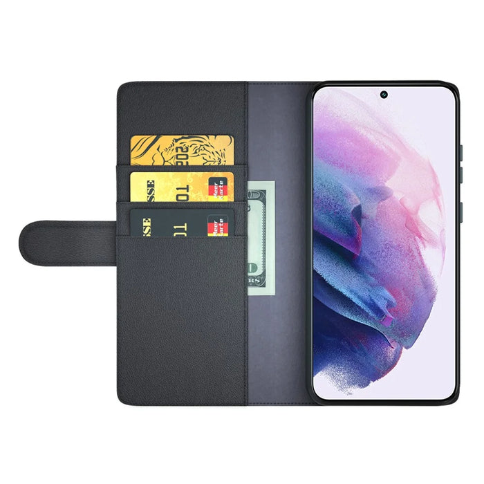 Magnetic Closure Genuine Split Leather Phone Case Stand TPU Wallet Flip Cover for Samsung Galaxy S22 5G - Black - 4