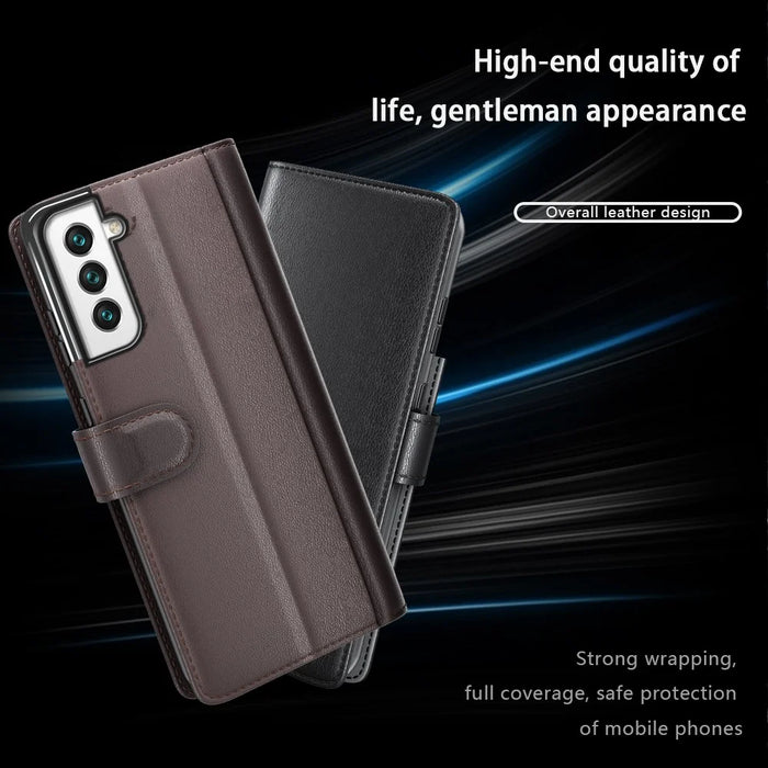 Magnetic Closure Genuine Split Leather Phone Case Stand TPU Wallet Flip Cover for Samsung Galaxy S22 5G - Black - 6