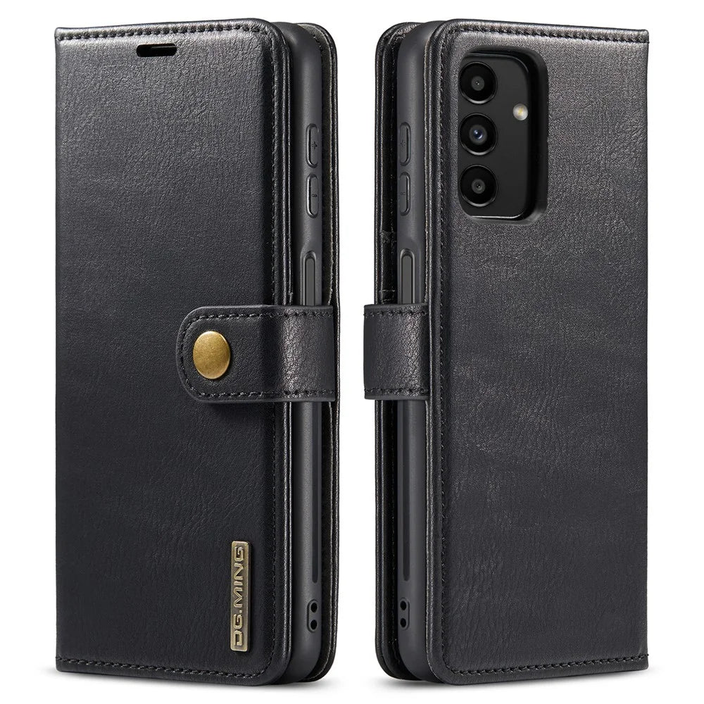 DG.MING Split Leather Folding Stand Cover Magnetic Detachable Flip Folio Wallet Case for Samsung Galaxy A13 4G - Black - 1