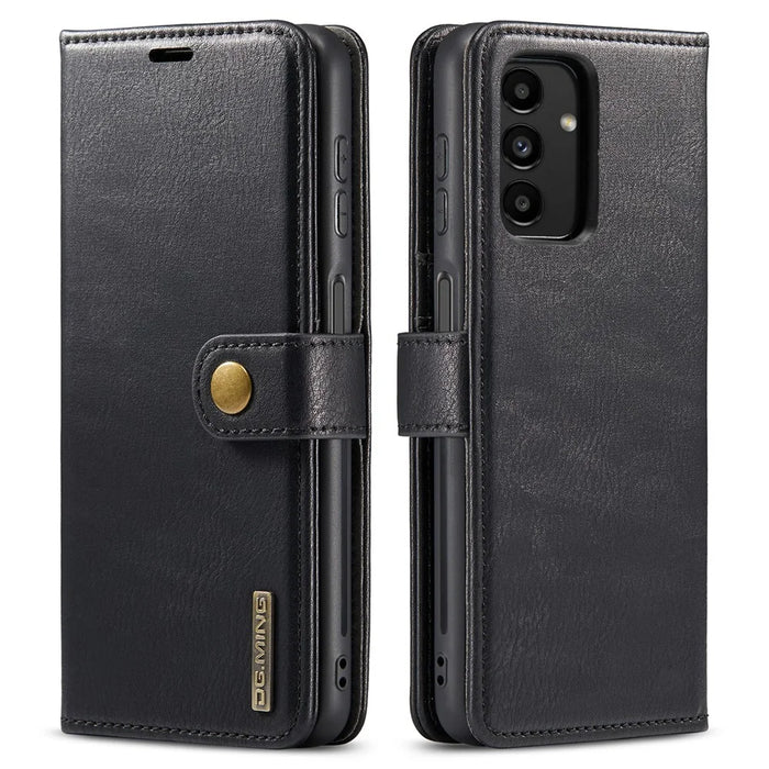 DG.MING Split Leather Folding Stand Cover Magnetic Detachable Flip Folio Wallet Case for Samsung Galaxy A13 4G - Black - 1
