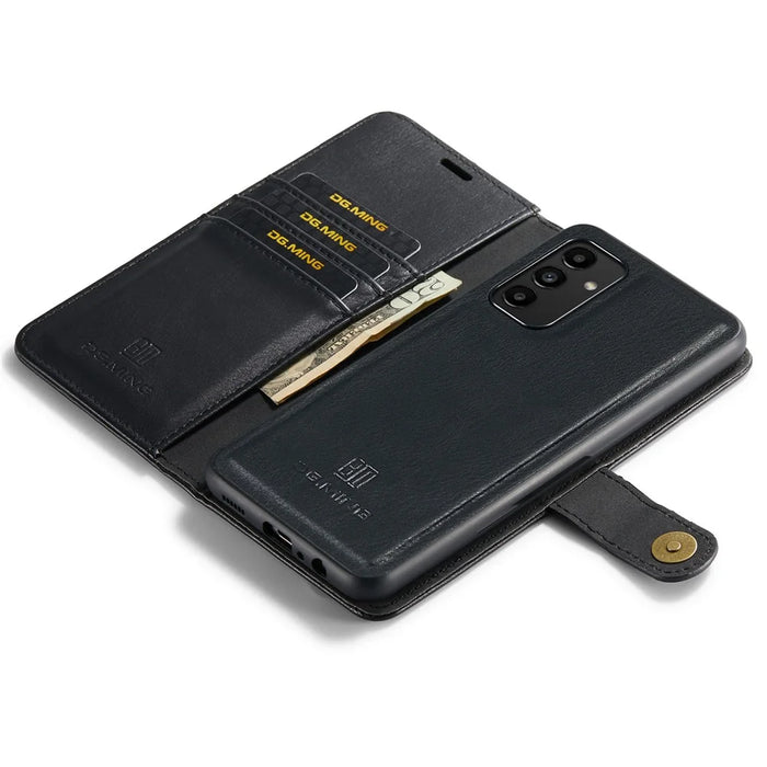 DG.MING Split Leather Folding Stand Cover Magnetic Detachable Flip Folio Wallet Case for Samsung Galaxy A13 4G - Black - 7