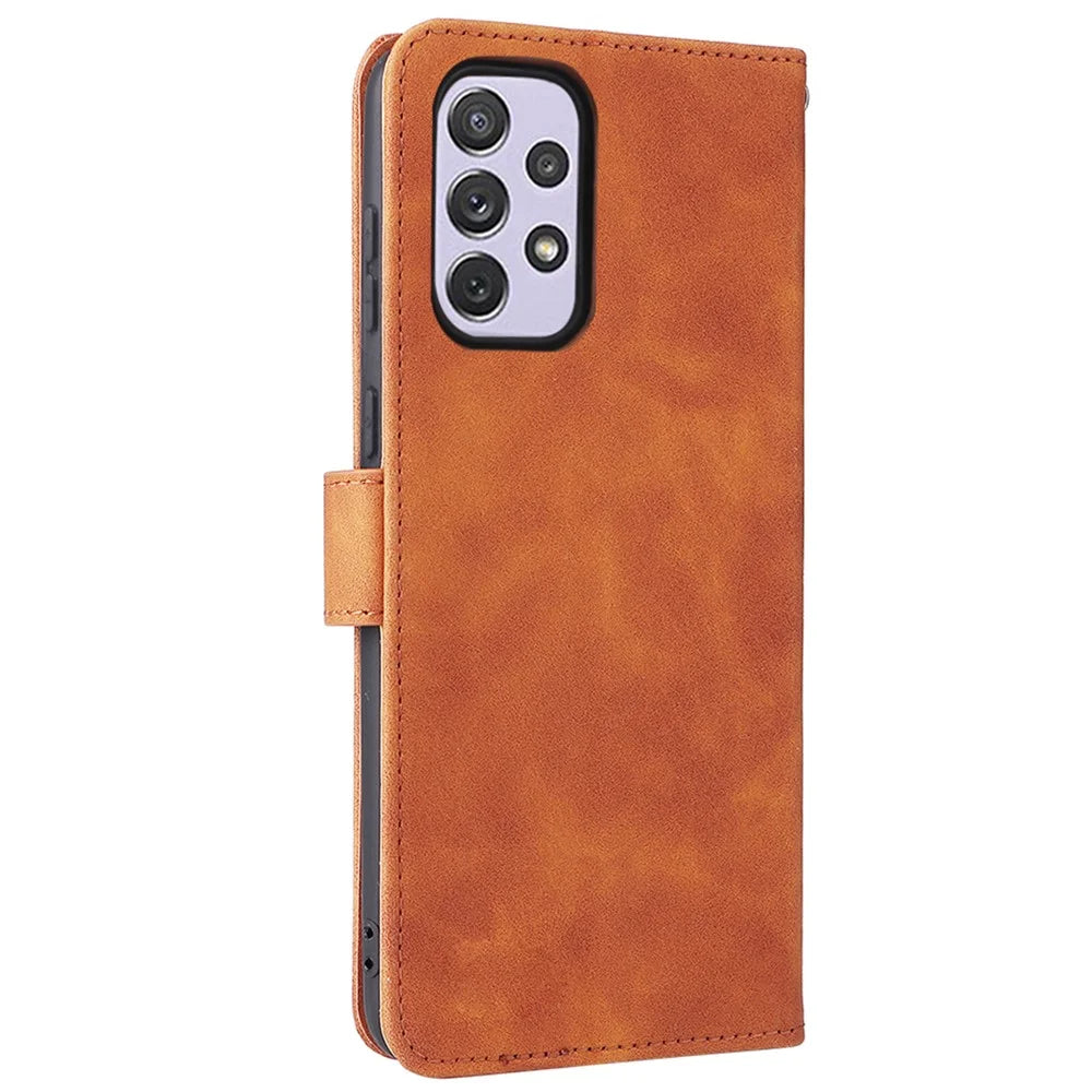 Skin-touch Feeling PU Leather + TPU Phone Cover Stand Wallet Shell Mobile Phone Case for Samsung Galaxy A73 5G - Brown - 3