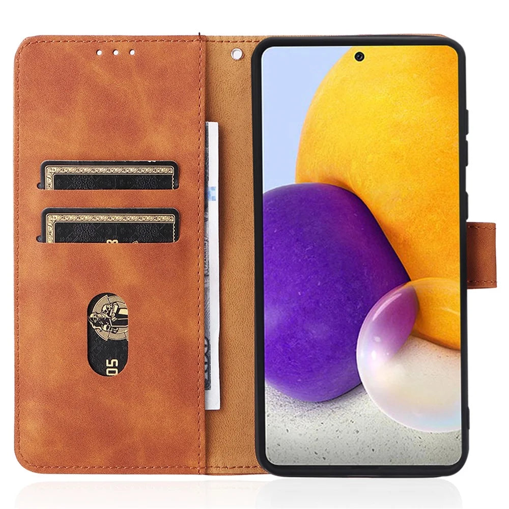 Skin-touch Feeling PU Leather + TPU Phone Cover Stand Wallet Shell Mobile Phone Case for Samsung Galaxy A73 5G - Brown - 5
