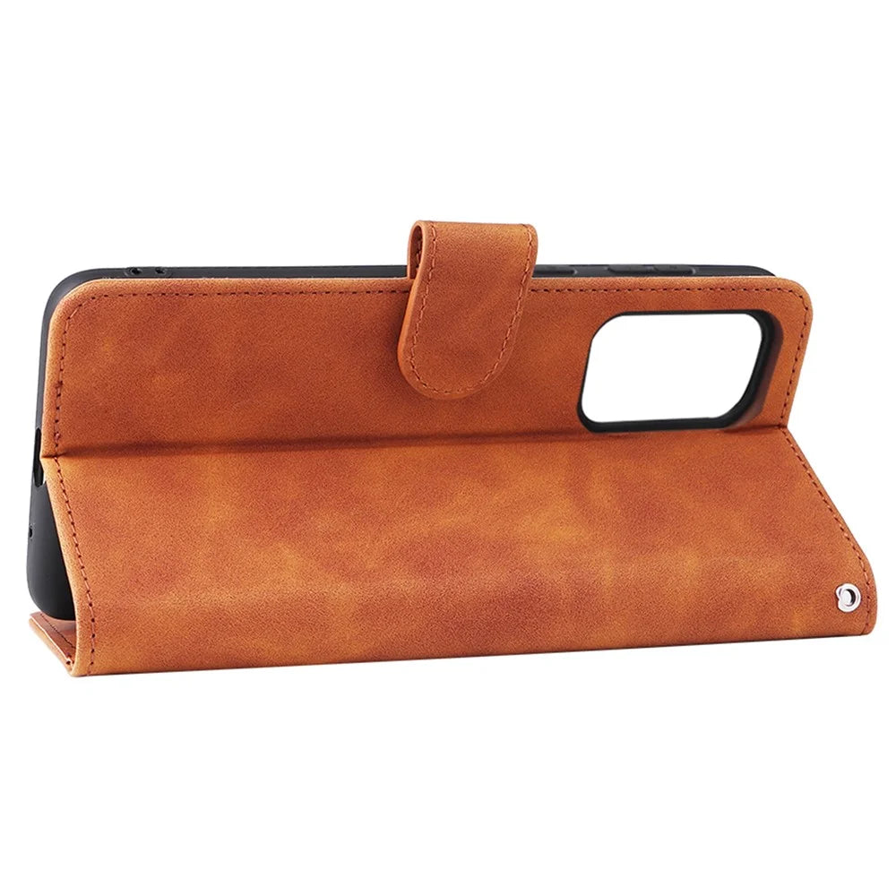 Skin-touch Feeling PU Leather + TPU Phone Cover Stand Wallet Shell Mobile Phone Case for Samsung Galaxy A73 5G - Brown - 6