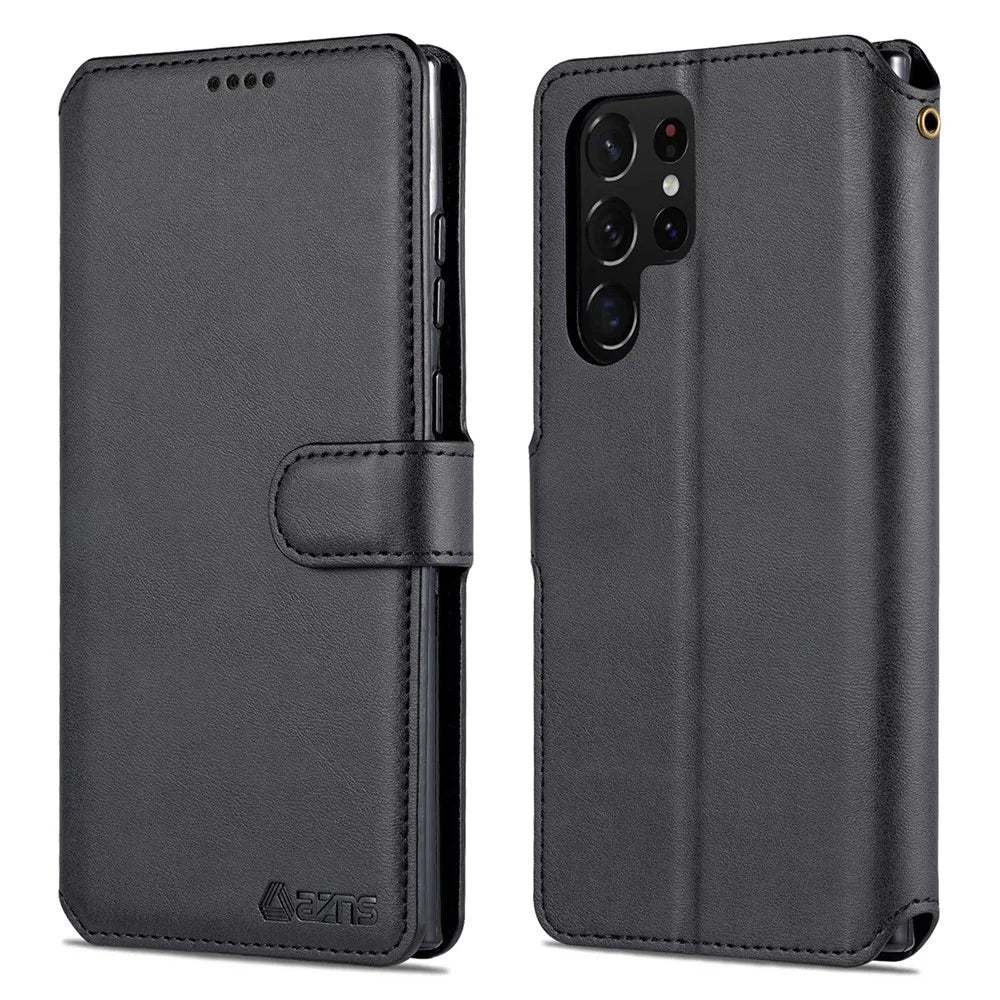 AZNS Anti-scratch PU Leather Case Magnetic Clasp Wallet Phone Cover with Foldable Stand for Samsung Galaxy S22 Ultra 5G - Black - 1