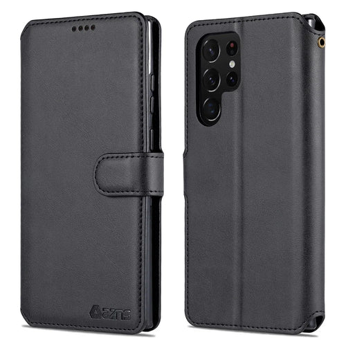 AZNS Anti-scratch PU Leather Case Magnetic Clasp Wallet Phone Cover with Foldable Stand for Samsung Galaxy S22 Ultra 5G - Black - 1