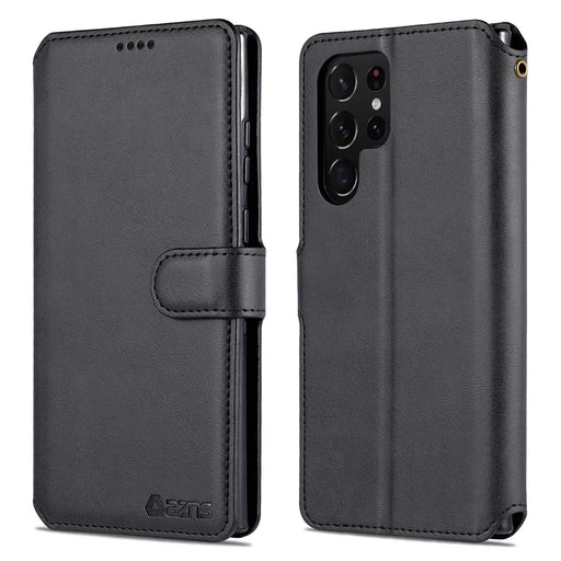 AZNS Anti-scratch PU Leather Case Magnetic Clasp Wallet Phone Cover with Foldable Stand for Samsung Galaxy S22 Ultra 5G - Black - 1
