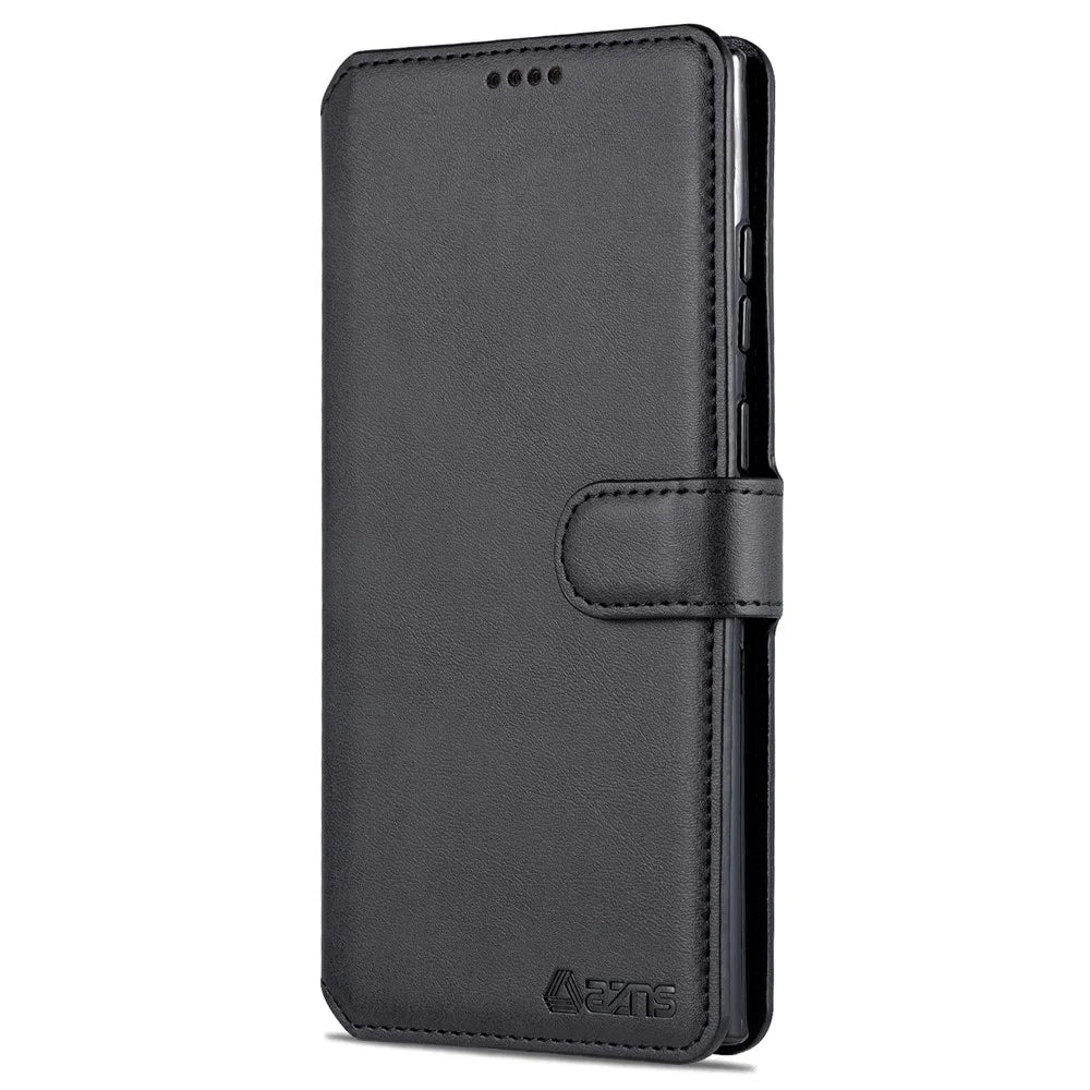 AZNS Anti-scratch PU Leather Case Magnetic Clasp Wallet Phone Cover with Foldable Stand for Samsung Galaxy S22 Ultra 5G - Black - 2