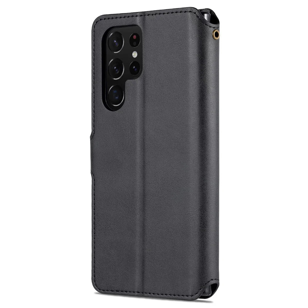 AZNS Anti-scratch PU Leather Case Magnetic Clasp Wallet Phone Cover with Foldable Stand for Samsung Galaxy S22 Ultra 5G - Black - 3