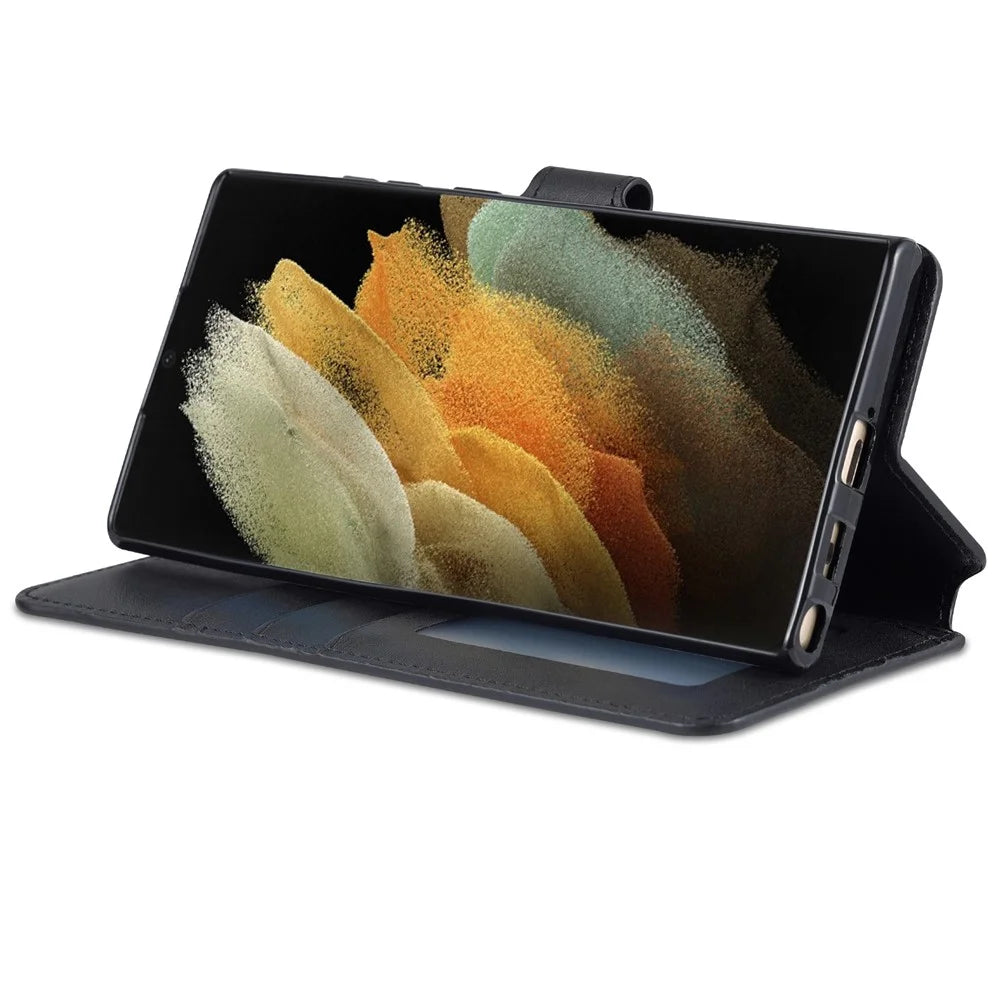 AZNS Anti-scratch PU Leather Case Magnetic Clasp Wallet Phone Cover with Foldable Stand for Samsung Galaxy S22 Ultra 5G - Black - 4