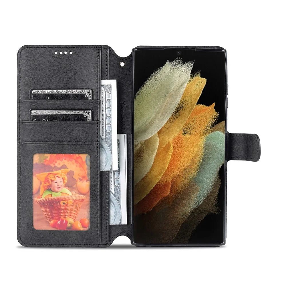AZNS Anti-scratch PU Leather Case Magnetic Clasp Wallet Phone Cover with Foldable Stand for Samsung Galaxy S22 Ultra 5G - Black - 5