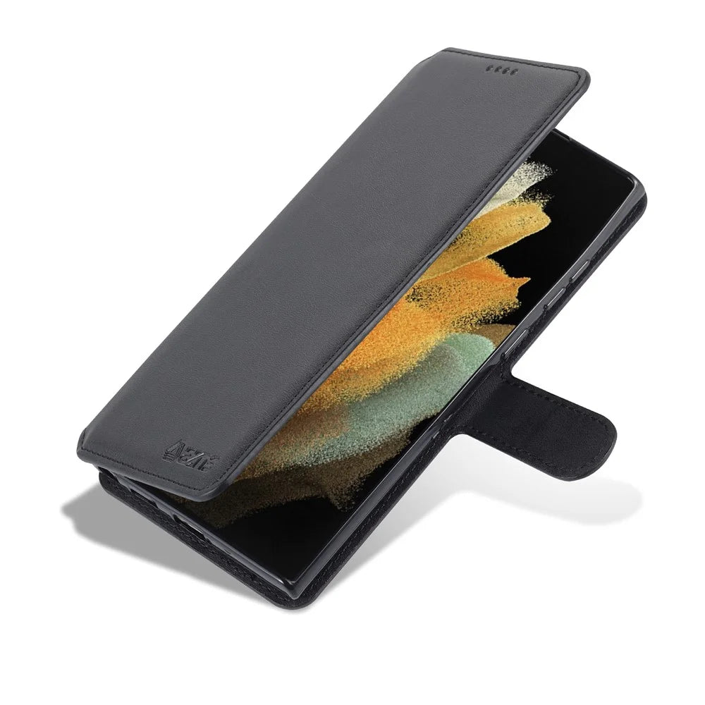 AZNS Anti-scratch PU Leather Case Magnetic Clasp Wallet Phone Cover with Foldable Stand for Samsung Galaxy S22 Ultra 5G - Black - 7