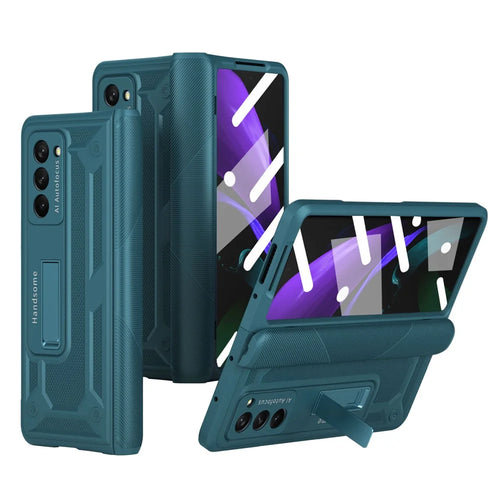 For Samsung Galaxy Z Fold2 5G Kickstand Folding Phone Case Magnetic Hinge Full Protective Cover with Tempered Glass Screen Protector  - Green - 1