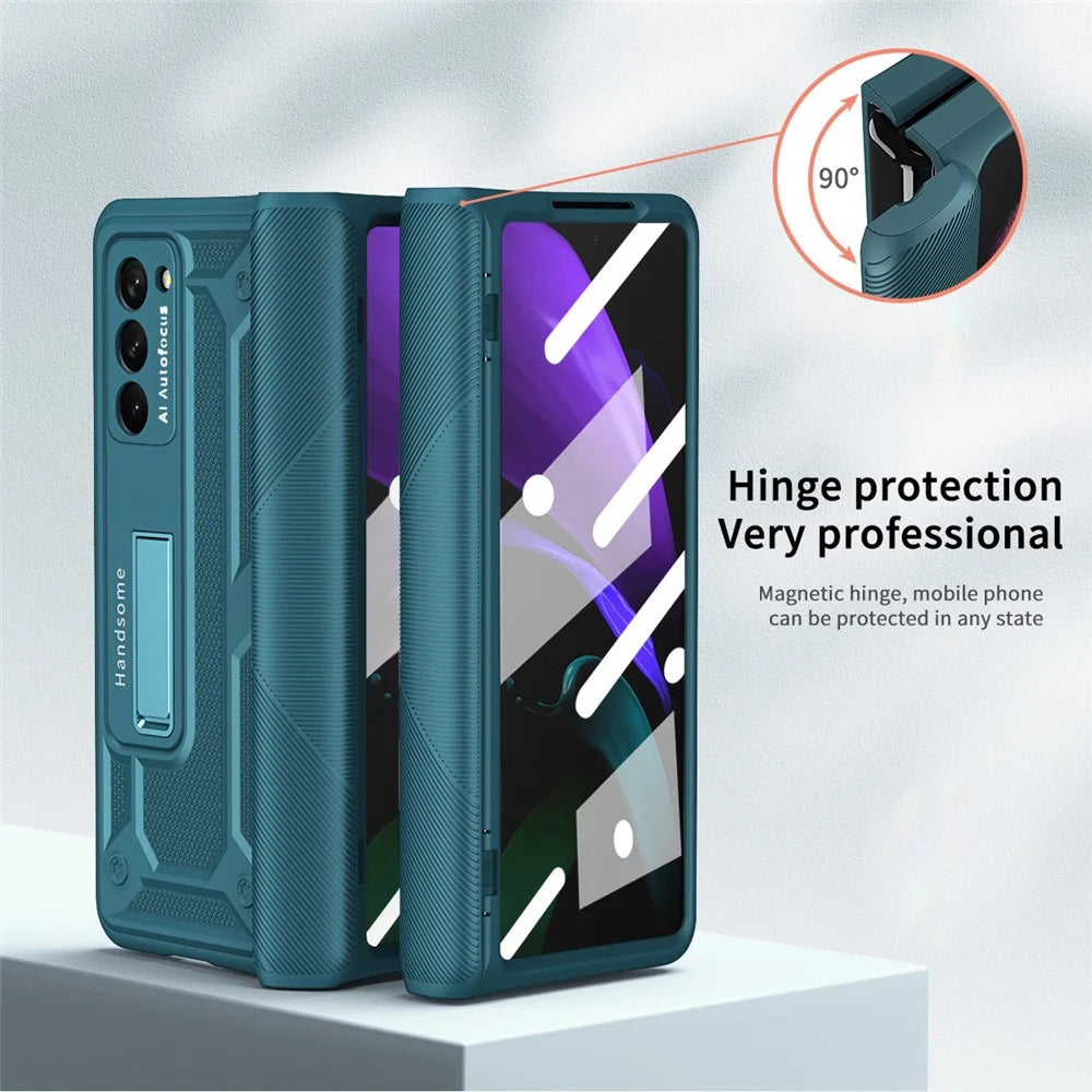 For Samsung Galaxy Z Fold2 5G Kickstand Folding Phone Case Magnetic Hinge Full Protective Cover with Tempered Glass Screen Protector  - Green - 5