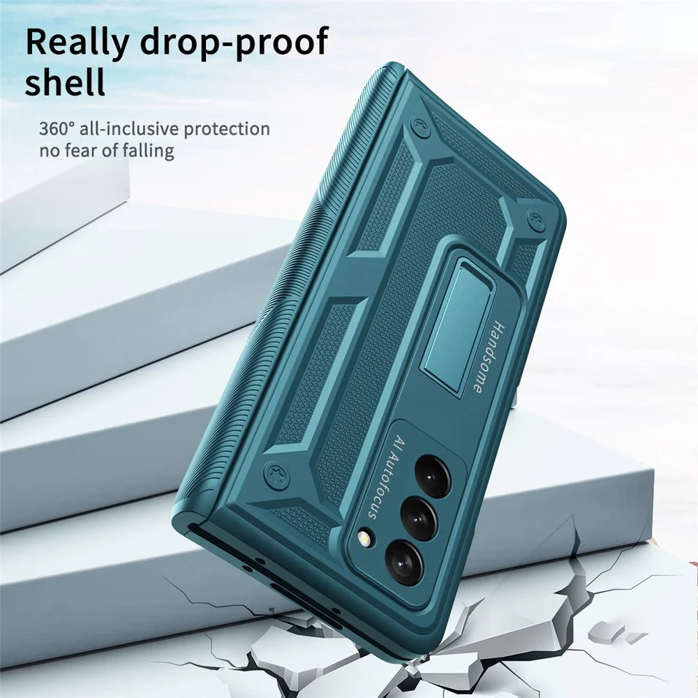 For Samsung Galaxy Z Fold2 5G Kickstand Folding Phone Case Magnetic Hinge Full Protective Cover with Tempered Glass Screen Protector  - Green - 6