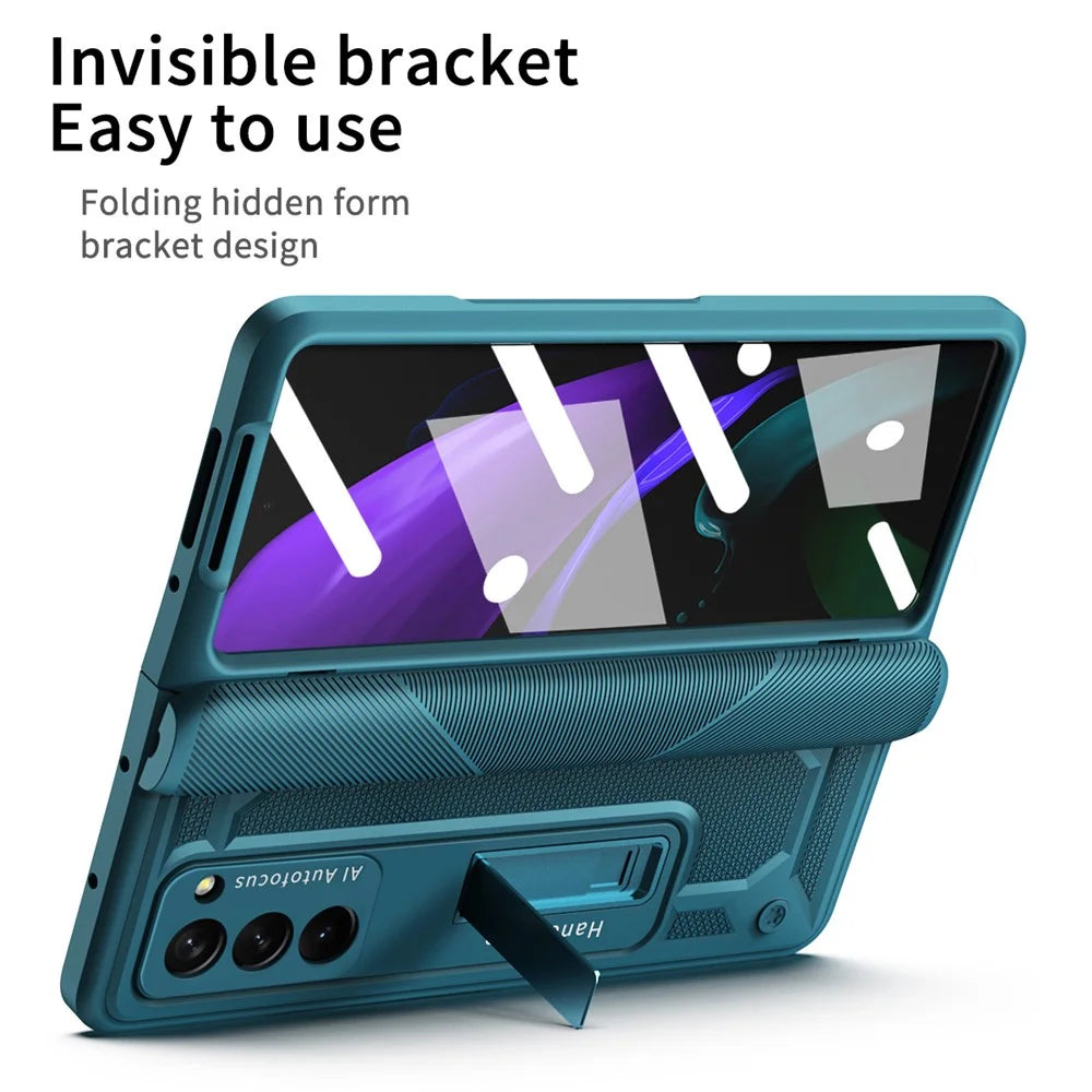 For Samsung Galaxy Z Fold2 5G Kickstand Folding Phone Case Magnetic Hinge Full Protective Cover with Tempered Glass Screen Protector  - Green - 7