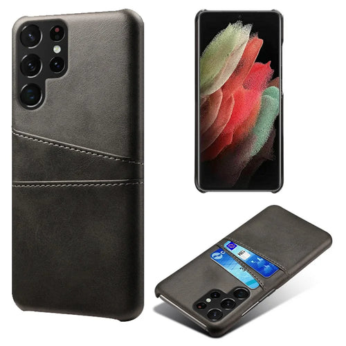 For Samsung Galaxy S22 Ultra 5G Double Card Slots Phone Case Anti-scratch Ultra Slim PU Leather + Hard PC Cover - Black - 1