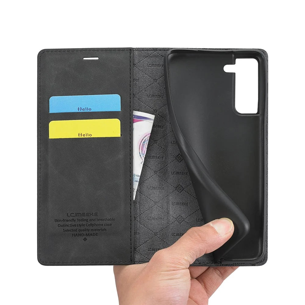 LC.IMEEKE Wallet Phone Case for Samsung Galaxy S22+ 5G, Strong Magnetic Auto Closing PU Leather Flip Stand Cover - Black - 4